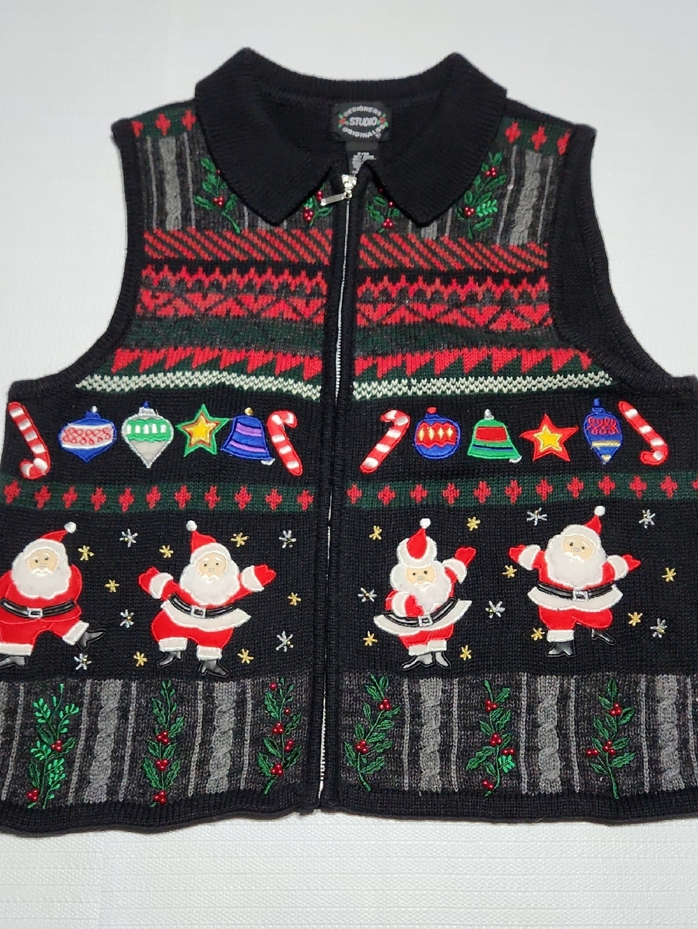 Studio Black Holiday Zip-Front Sweater Vest with Santa & Ornament Appliqués